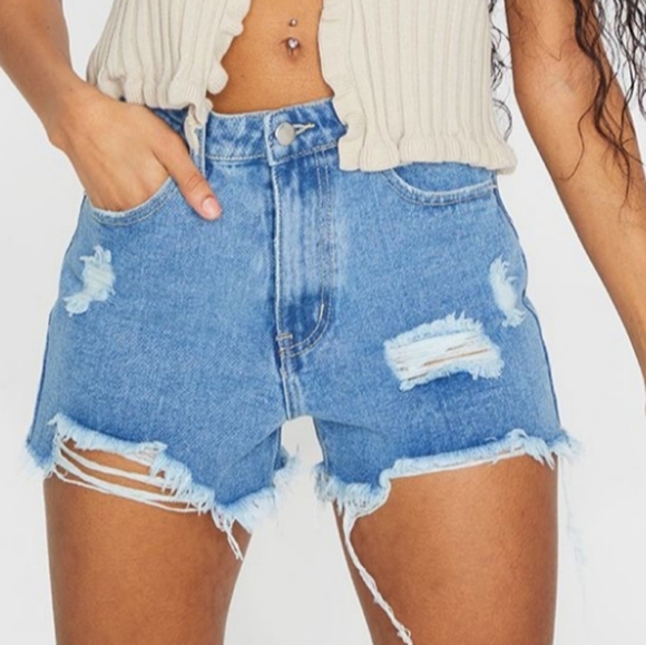 PrettyLittleThing Pants - PLT Mid Blue Wash Distressed Denim Shorts